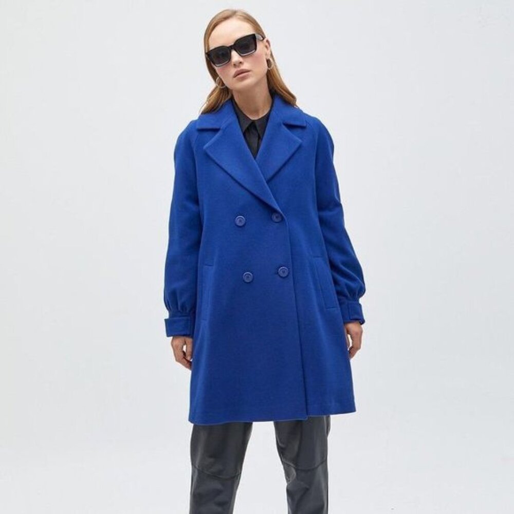 Vintage Women's 100% Wool Drop Shoulder Blue Trench Coat Size 11-12